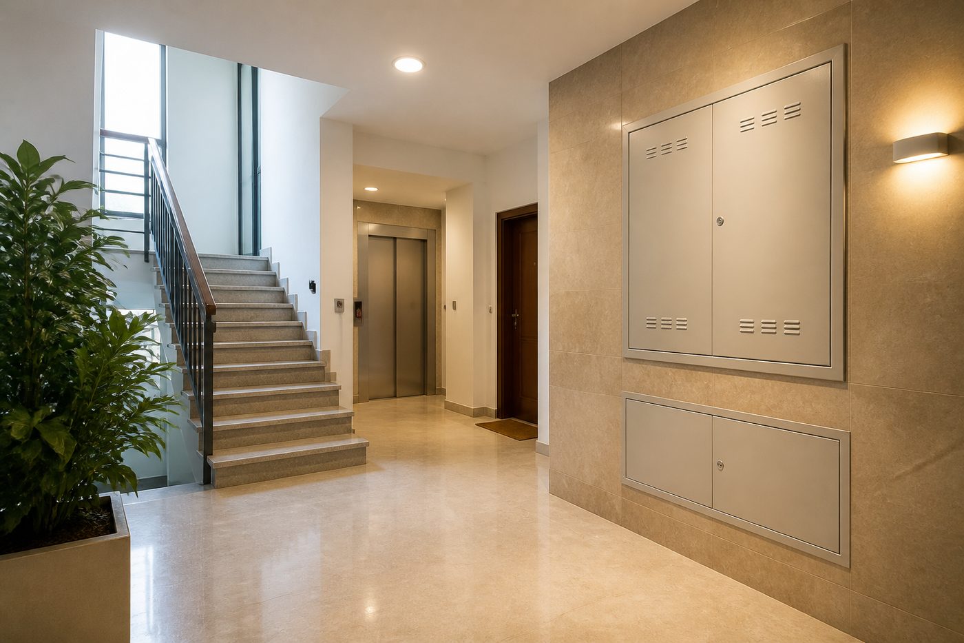 Zona común cuidada para mantenimiento preventivo en comunidad de propietarios
